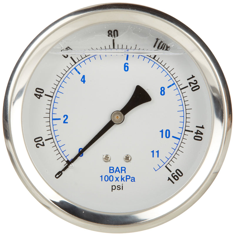 PIC Gauge 202L-404F 4" Dial, 0/160 psi Range, 1/4" Male NPT Connection Size, Center Back Mount Glycerine Filled Pressure Gauge with a Stainless Steel Case, Brass Internals, Stainless Steel Bezel, and Polycarbonate Lens