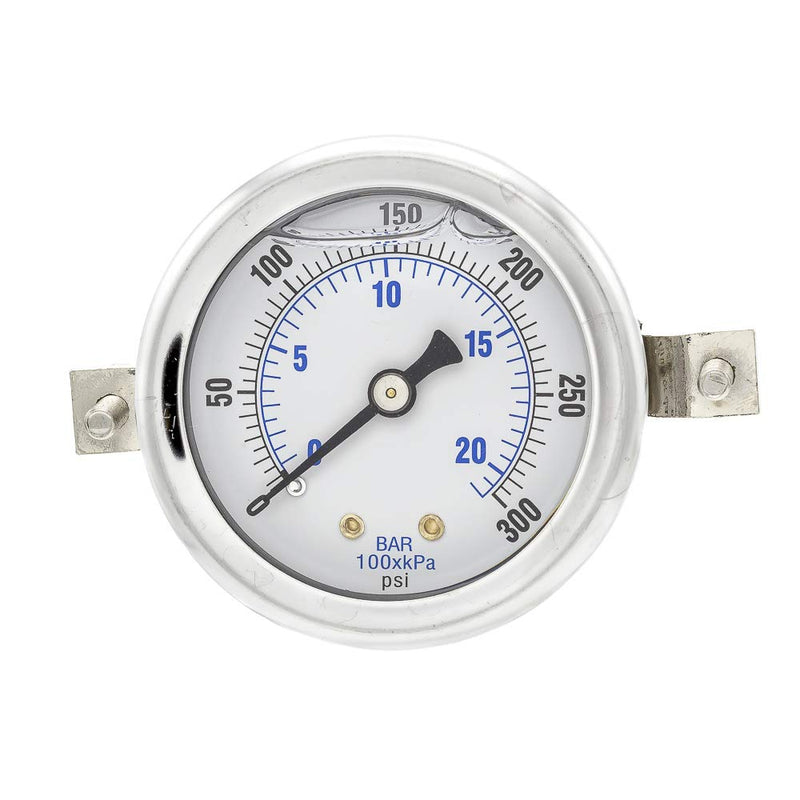 PIC Gauges 203L-204H U-Clamp Panel Mount Glycerine Filled Pressure Gauge w/ SS Case/Bezel, Brass Internals, PC Lens, 2" Dial, 0/300 psi Range, 1/4" Male NPT 0 - 300 PSI