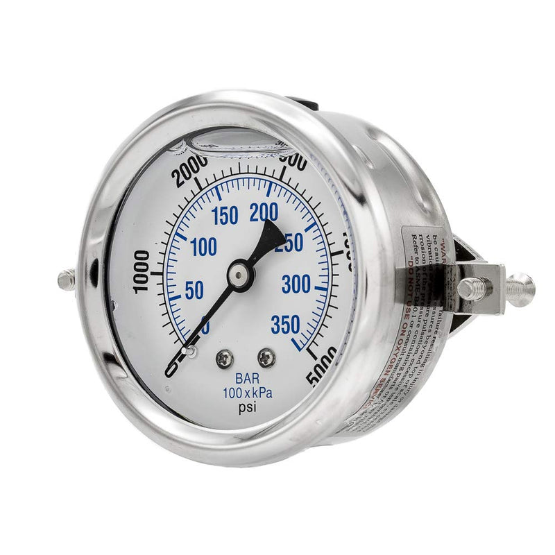 PIC Gauges PRO-203L-254R U-Clamp Panel Mount Glycerin Filled Industrial Pressure Gauge w/ SS Case, Brass Internals, Plastic Lens, 2.5" Dial, 0/5000 psi Range, 1/4" Male NPT