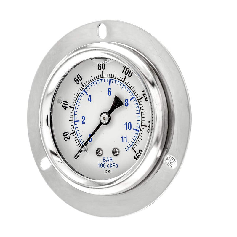 PIC Gauges PRO-204L-254F Panel Mount Front Flanged Glycerin Filled Industrial Pressure Gauge w/ SS Case, Brass Internals, Plastic Lens, 2.5" Dial, 0/160 psi Range, 1/4" Male NPT 0 - 160 PSI