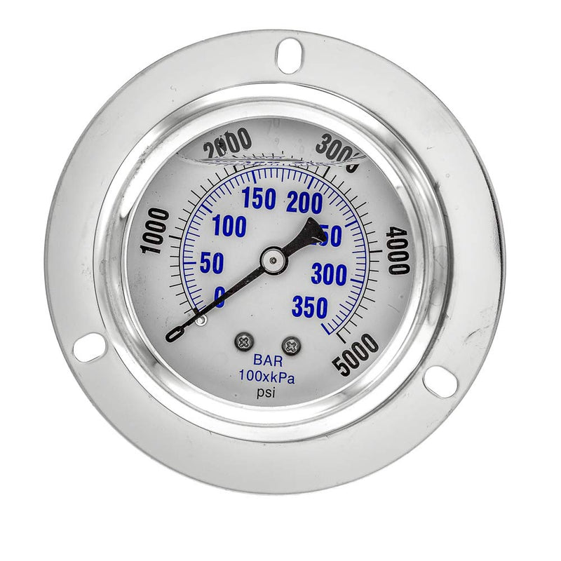 PIC Gauges 204L-404R Front Flanged Panel Mount Glycerine Filled Pressure Gauge w/ SS Case/Bezel, Brass Internals, PC Lens, 4" Dial, 0/5000 psi Range, 1/4" Male NPT 0 - 5,000 PSI