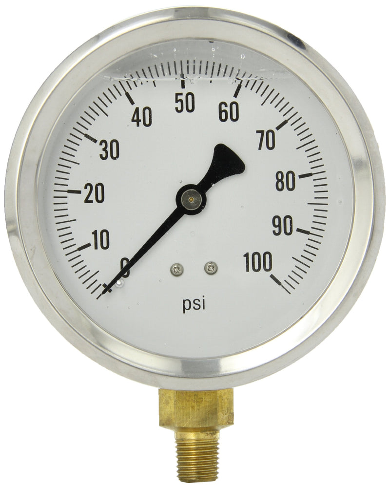PIC Gauges S201L-404E Bottom Mount Glycerine Filled Single Scale Pressure Gauge w/ SS Case/Bezel, Brass Internals, PC Lens, 4" Dial, 0/100 psi Range, 1/4" Male NPT