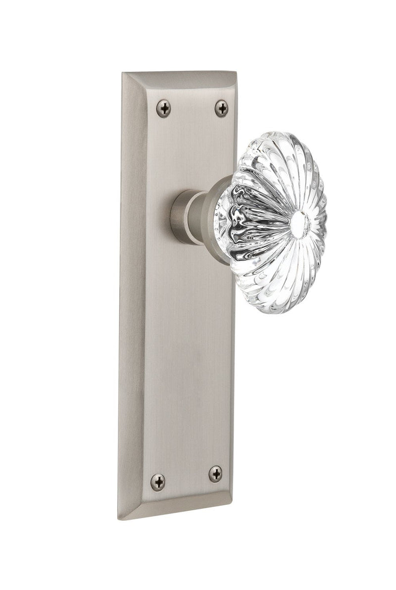 Nostalgic Warehouse 712074, Privacy-2.375", Satin Nickel New York Plate with Oval Fluted Crystal Glass Knob Privacy - 2.375"