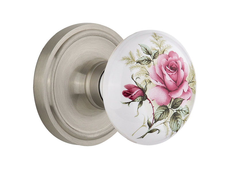 Nostalgic Warehouse Classic Rosette with Rose Porcelain Door Knob, Mortise - 2.25", Satin Nickel Mortise - 2.25"