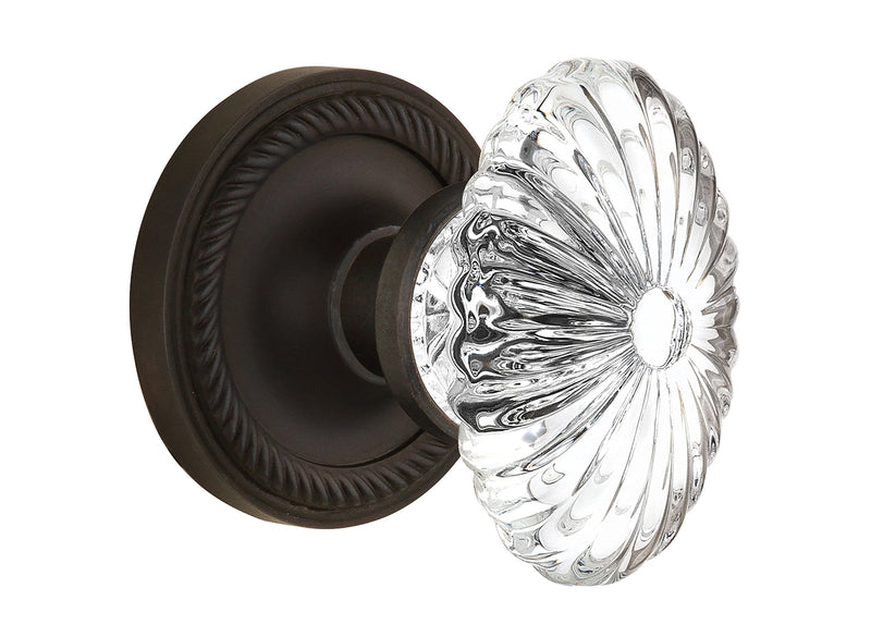 Nostalgic Warehouse Rope Rosette with Oval Fluted Crystal Glass Knob, Single Dummy, Oil Rubbed Bronze