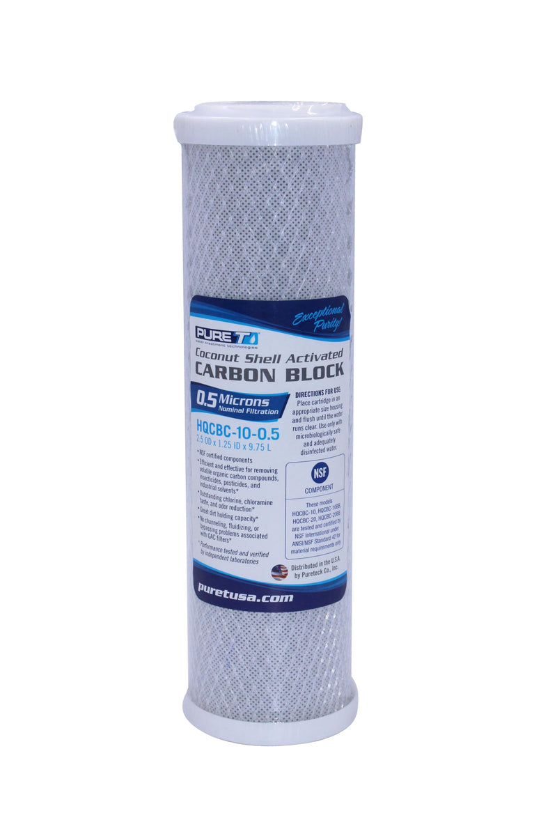 PureT HQCBC-10-0.5, 10x 2.5" Coconut Carbon Block Filter - NSF Certified - Cononut Shell Activated Carbon removes Chlorine, Dirt and More (.5 u Micron Rated) 10x2.5", .5 Micron
