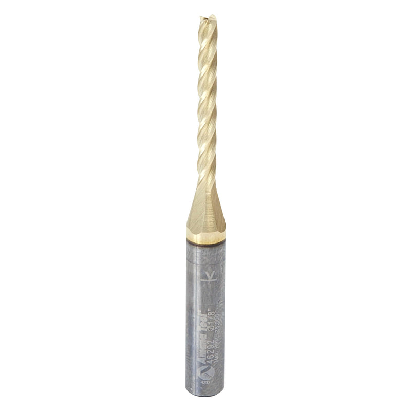 Amana Tool CNC Router Bits for 2D/3D Carving Flat Bottom, ZrN Coated, 46292, 0.10 Deg Angle x 1/8 Dia x 1-3/32 x 1/4 Shank x 2-1/2 Inch Long x 4 Flute