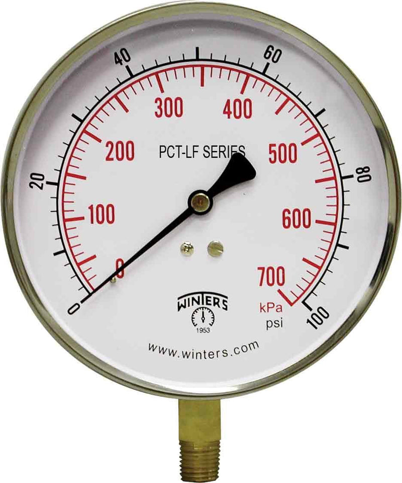 Winters PCT323LF PCT-LF Series Pressure Gauge, 4.5" Dial size, 1/4" NPT, 0/100 psi/kpa, ±1% accuracy