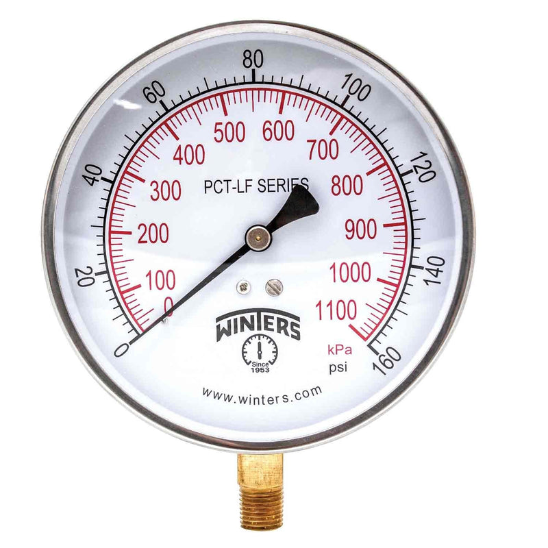 Winters PCT324LF PCT-LF Series Pressure Gauge, 4.5" Dial size, 1/4" NPT, 0/160 psi/kpa, ±1% accuracy