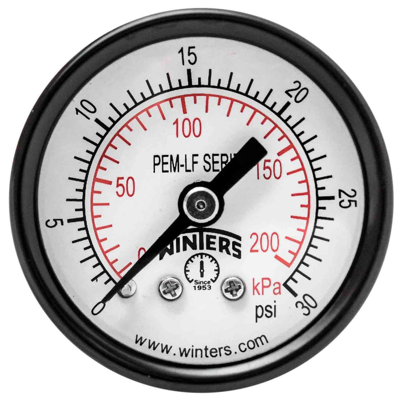 Winters 1-1/2 inch Dial Size, Economy Utility Dry Pressure Gauge, Potable Brass Internals, Steel Case, Dual Scale 0-30 psi/kPa, 3-2-3% Acc, 1/8 inch NPT Back Mount, Drinking Water Pressure Gauge 0/30 PSI/KPA
