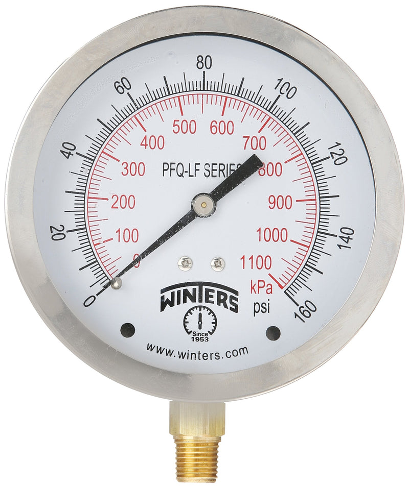 Winters 4" Dial Size, Liquid Filled Pressure Gauge, Potable Brass Internals, 304 Stainless Steel Case, Dual Scale 0-160 psi/kPa, 1.5% Acc, 1/4" NPT Bottom Mount, Drinking Water Pressure Gauge