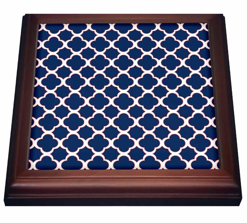 3dRose Quatrefoil Pattern Navy Blue & White with Red Accent Trivet with Ceramic Tile, 8 by 8", Brown