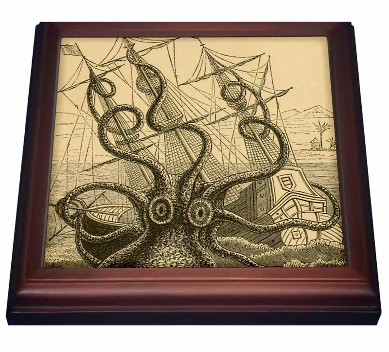 3dRose Gigantic Colossal Octopus Sea Monster Kraken Pierre Denys De Montfort Trivet with Ceramic Tile, 8 by 8", Brown