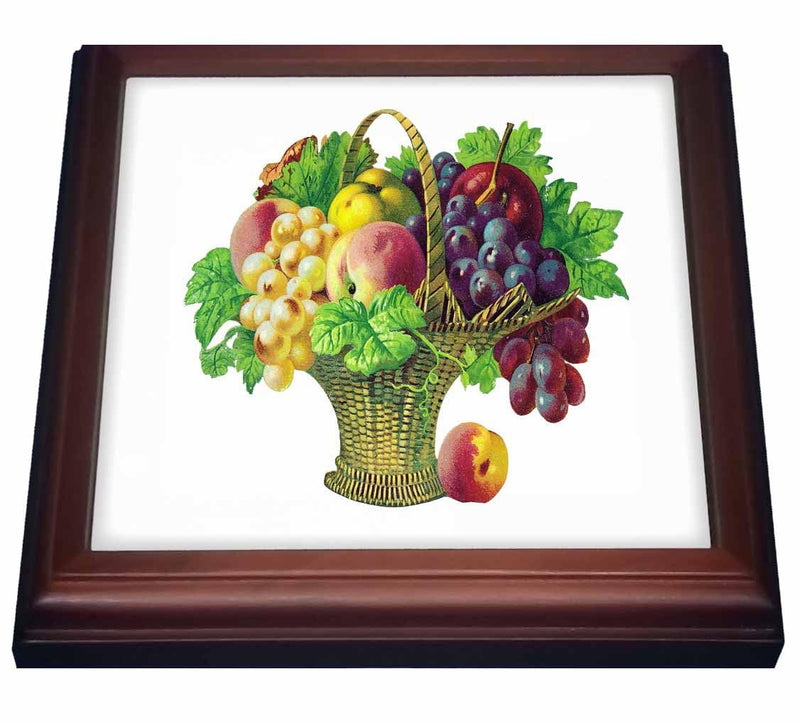 3dRose Tall Basket of Fruits with Grapes, Peaches, Apples and Grape Leaves Trivet with Ceramic Tile, 8 by 8", Brown