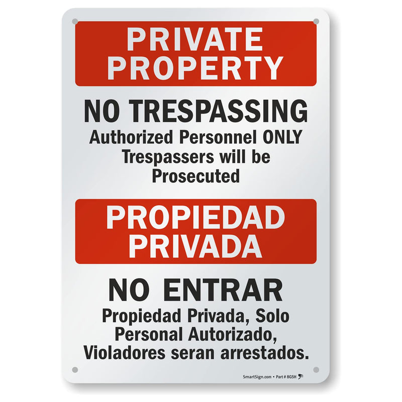 SmartSign "Private Property - No Trespassing" Bilingual Sign | 10" x 14" Aluminum 14" x 10"