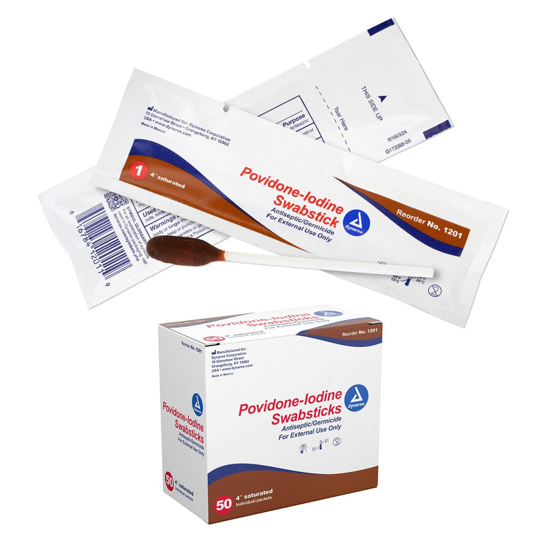Dynarex Povidone Iodine Swabsticks, Swabstick Packaged in Individual Foil Pack, Antiseptic for Skin Preparation, Brown, 1 Box of 50 Povidone Iodine Swabsticks Unflavored 50 Count (Pack of 1)