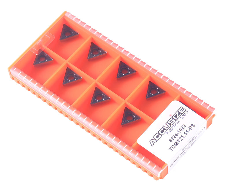 Accusize Industrial Tools Carbide Inserts, TCMT21.51-P3, 2224-1028 | CVD Coated, 1/4 in I.C, 3/32 in Thick, 0.110 in Hole, 1/64 in Radius, 10 Pcs/Box TCMT21.51, CVD Coating