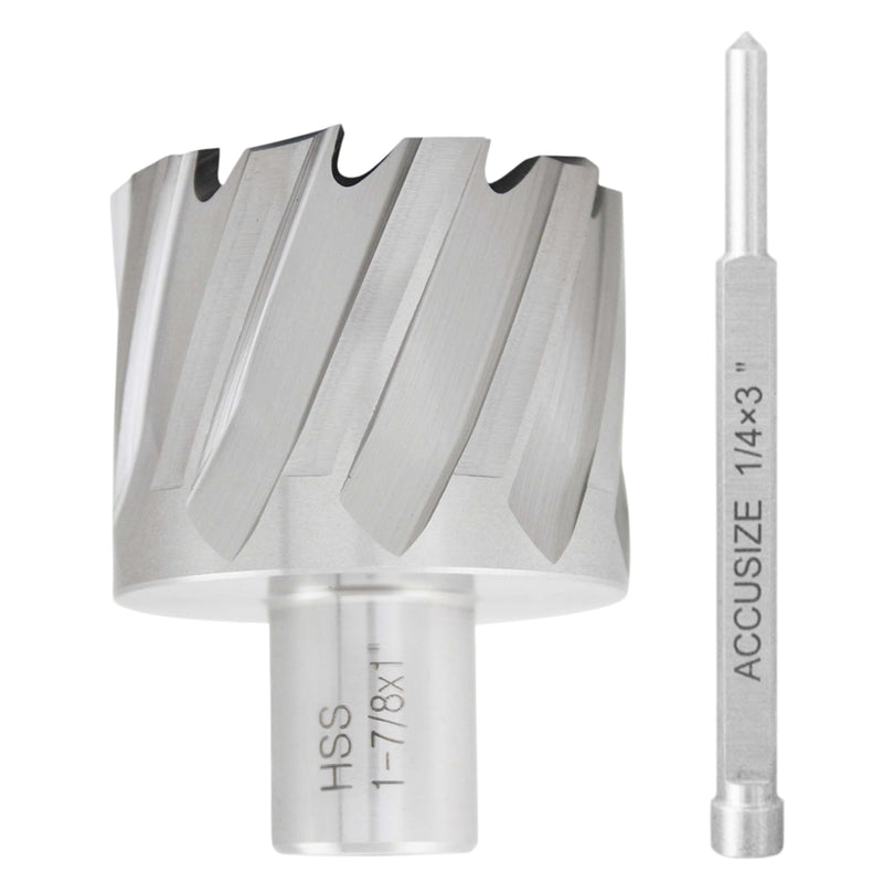 Accusize Industrial Tools Hss Annular Cutter 1-7/8'' by 1'' Cutting Depth in Strong Box with 1 Pc Pilot Pin 1/4'' by 3'', 2080-2035pin | CBN Ground HSS Cutter With 3/4 in Weldon Shank and 1/4 in x 3 in Pilot Pin for Steel, ANSI Standard