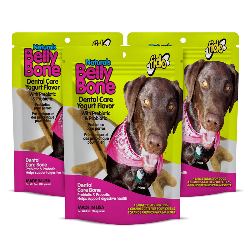 Fido - Belly Bones for Dogs, Yogurt Flavored Large Dog Dental Treats - 4 Treats Per Pack (3 Pack) - for Large Dogs (Made in USA) - Plaque and Tartar Control for Fresh Breath, Digestive Health Support