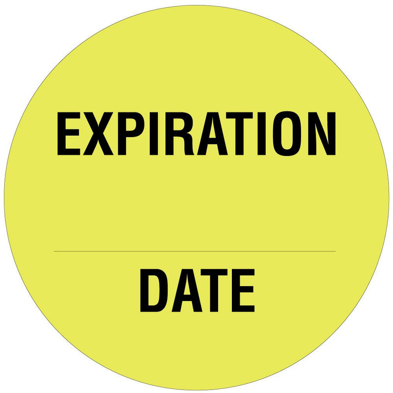 59706019 Paper Label, Fluorescent Yellow Circle Label with Black Text, "Expiration Date", 0.75" Diameter (Roll of 1000)