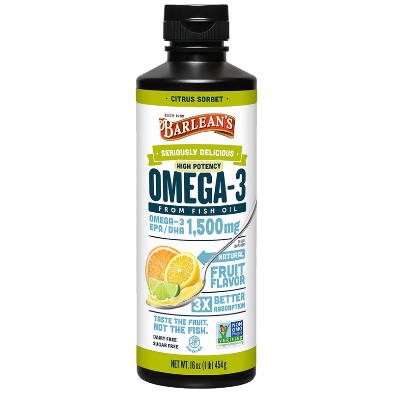 Barlean's Citrus Sorbet High Potency Omega 3 Fish Oil Liquid Supplement, 1500mg of EPA & DHA Fatty Acid, Smoothie Flavored & Burpless for Brain, Joint, & Heart Health, 16 oz - NewNest Australia