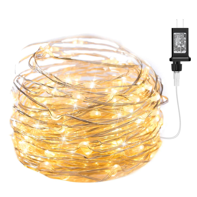 Minetom Fairy Lights Plug in, 33Ft 100 LEDs Waterproof Silver Wire Firefly Lights, Adaptor Included, Starry String Lights for Wedding Indoor Outdoor Christmas Patio Garden Decoration, Warm White