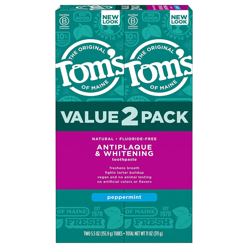 Tom's of Maine Fluoride-Free Antiplaque & Whitening Natural Toothpaste, Peppermint, 5.5 oz. (Pack of 2) 5.5 Ounce (Pack of 2)