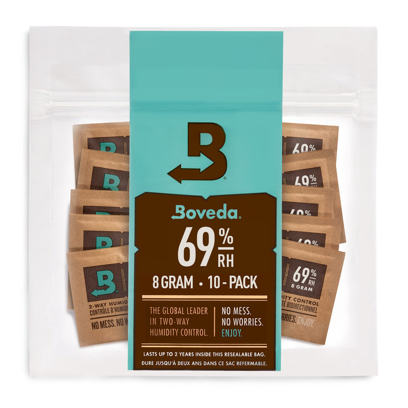 Boveda 69% Two-Way Humidity Control Packs For Storing Up to 5 Items – Size 8 – 10 Pack – For Small Plastic Travel Cases & Bags – Moisture Absorbers – Humidifier Packs in Resealable Bag 69% (Plastic, Wood Containers & Bags)