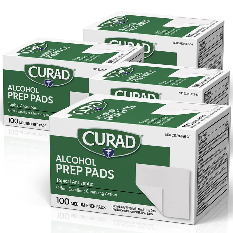 CURAD Alcohol Prep Pads (Pack of 4 Boxes) | 400 Pieces of Medium Isopropyl Alcohol Wipes Individually Wrapped | First Aid Alcohol Swabs for Cuts & Scrapes | Medical Alcohol Pads for General Cleansing 100 Count (Pack of 4)