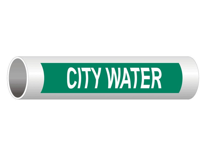 ComplianceSigns.com City Water (White Legend On Green Background) Pipe Label Decal, 8x2 in. 5-Pack Vinyl for Pipe Markers 8" x 2" - 5 Pack