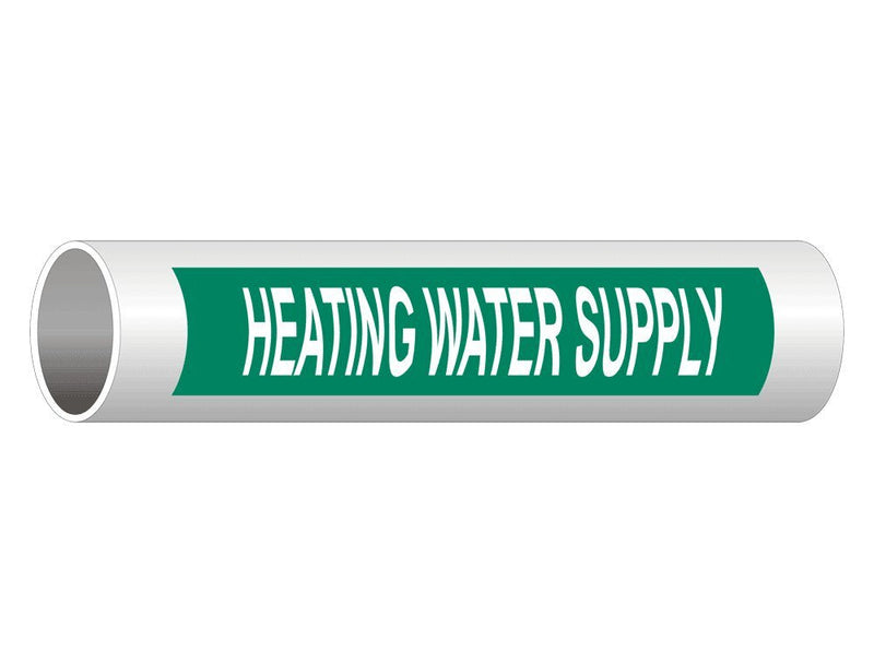 ComplianceSigns.com Heating Water Supply (White Legend On Green Background) Pipe Label Decal, 8x2 inch 5-Pack Vinyl for Pipe Markers 8" x 2" - 5 Pack