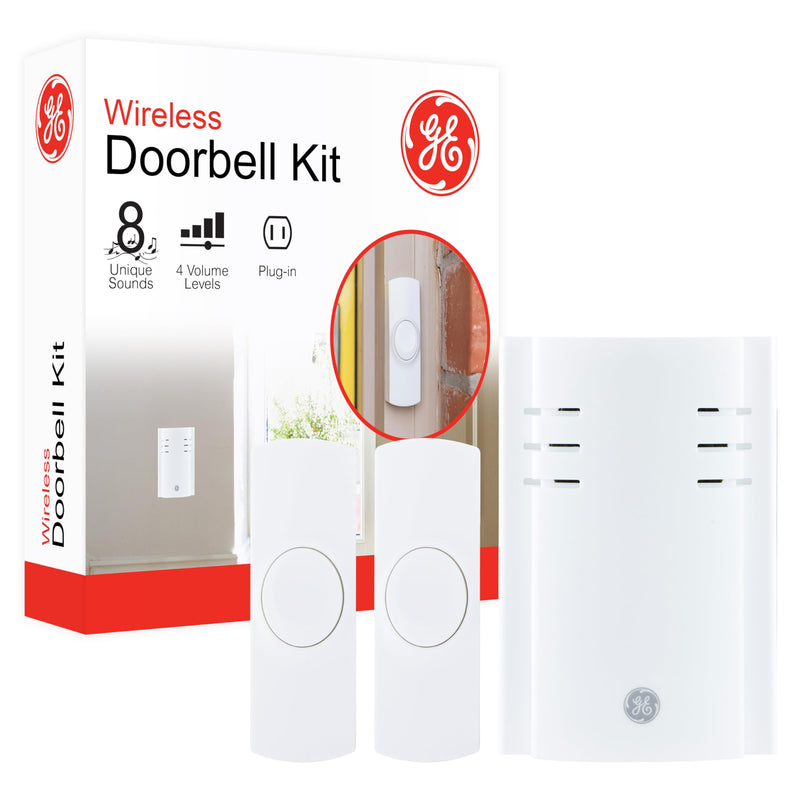 GE Wireless Doorbell Kit, Plug-In Receiver, 2 Push Buttons Door Bell, 8 Melodies Doorbell Chime, 4 Volume Levels, Classroom Doorbell, 150 Ft Range, White, 19300 8 Melody | 2 Push Buttons