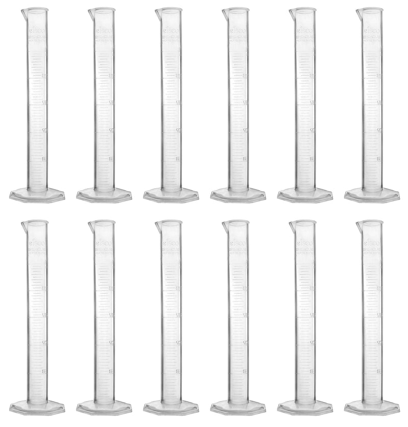 EISCO Graduated Cylinders, 25mL - Class B Tolerance - Octagonal Base - Polypropylene Plastic - Industrial Quality, Autoclavable, Pack of 12