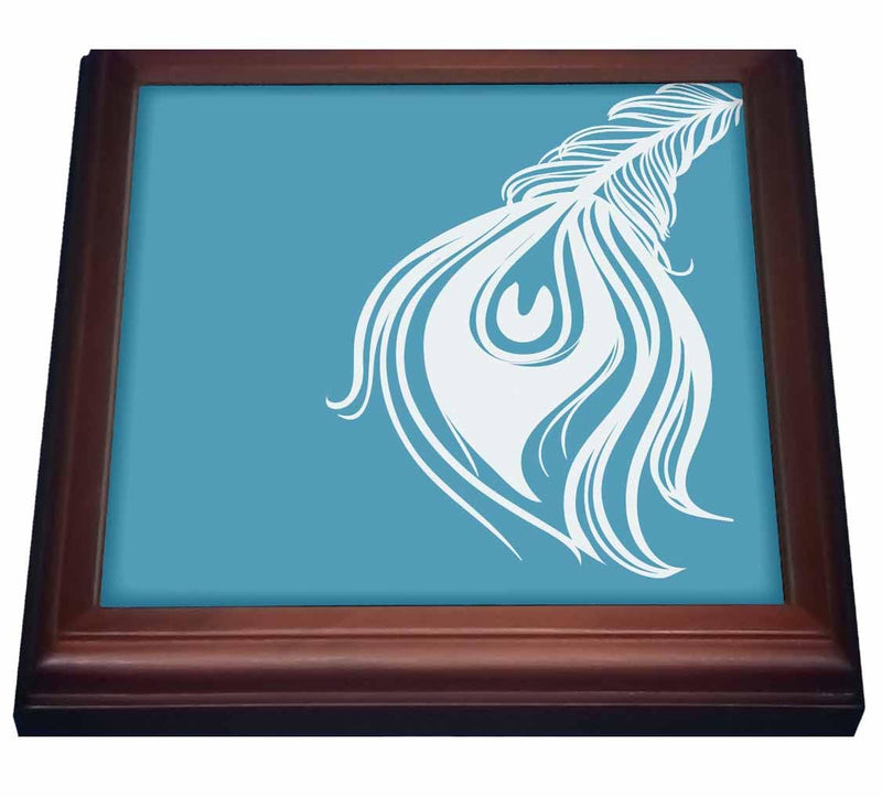 3dRose White and Teal Peacock Feather Trivet with Ceramic Tile, 8" x 8", Brown