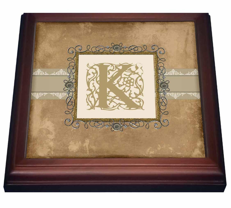 3dRose K Initial Vintage Elegant Vines and Flowers in Sepia and Pewter Look Trivet with Ceramic Tile, 8 by 8", Brown