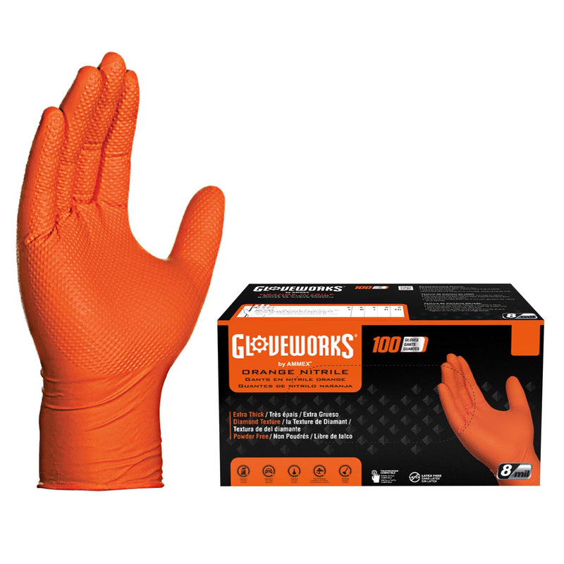 GLOVEWORKS HD Orange Nitrile Gloves, 8 mil Nitrile Disposable Gloves with Raised Diamond Texture, Mechanic Gloves Disposable X-Large (Pack of 100) Box of 100