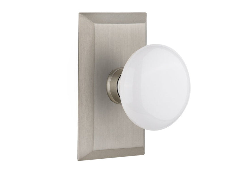 Nostalgic Warehouse Studio Plate & White Porcelain Door Knob Privacy-2.375 in Satin Nickel