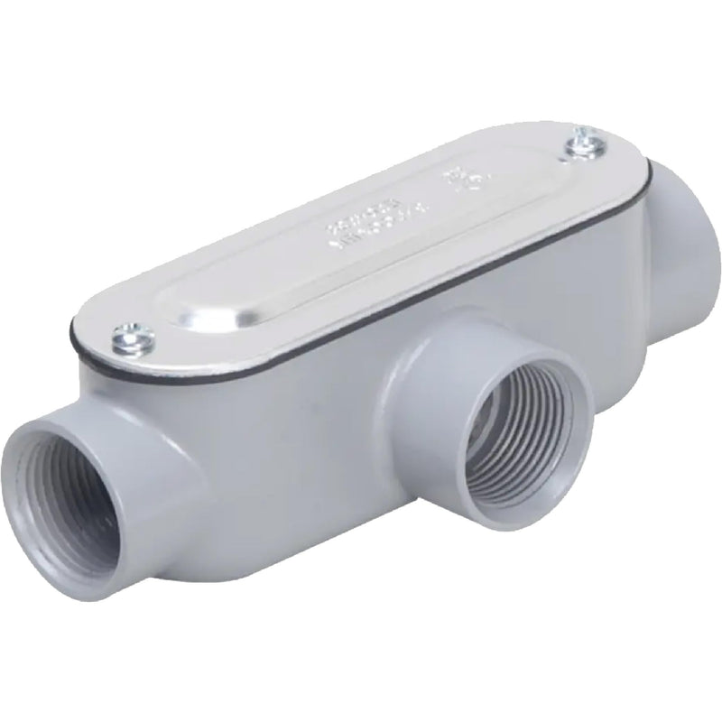 TayMac RLT125 Threaded T Type Conduit Body, Die Cast Aluminum, Stamped Steel Cover, 1 4-Inch , Gray