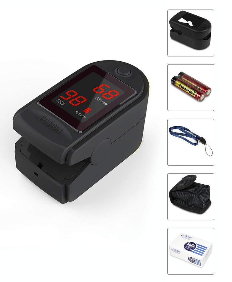 Concord Basics Fingertip Pulse Oximeter - Blood Oxygen Saturation Monitor with Carrying Case, Batteries, Silicone Cover & Lanyard - Easy to Use, Accurate SpO2 & Pulse Measurement (Black)