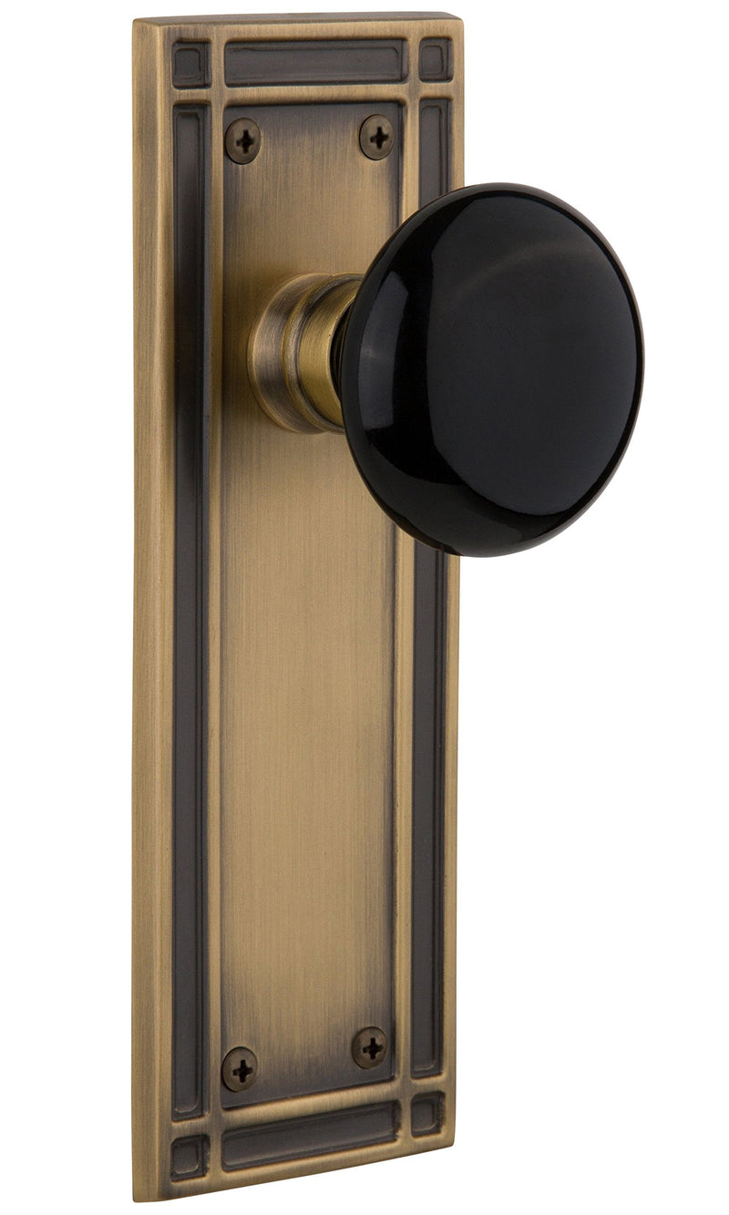 Nostalgic Warehouse Mission Plate with Black Porcelain Knob, Single Dummy, Antique Brass