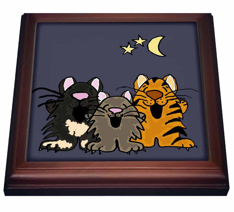 3dRose Funny Tiger Cat, Black Cat, and Grey Cat Singing in Moonlight Trivet with Ceramic Tile, 8 by 8", Brown