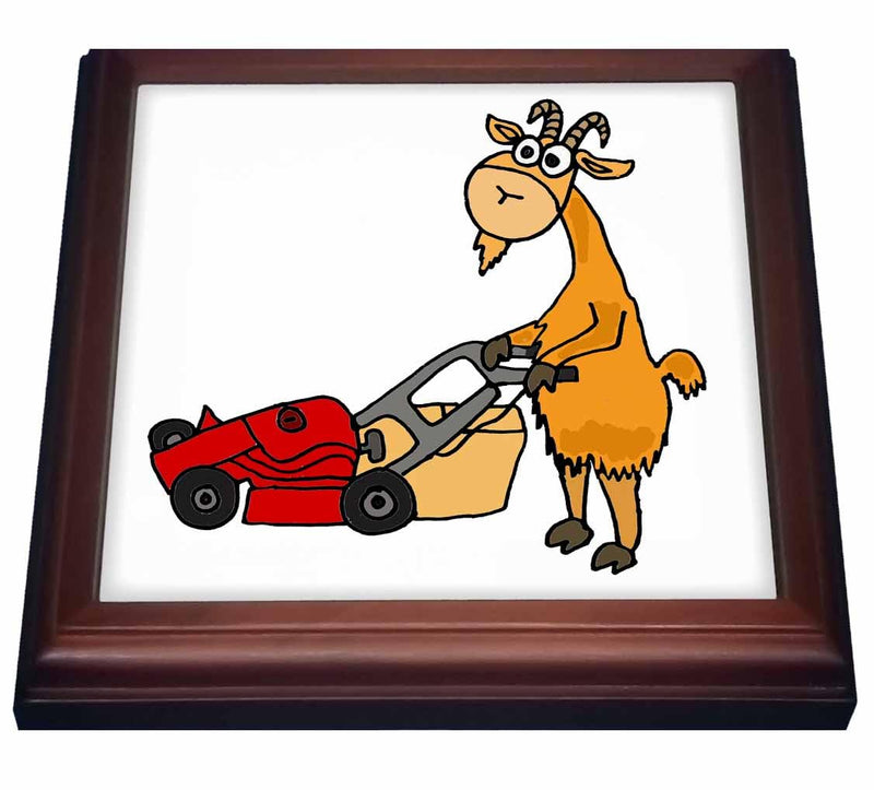 3dRose Funny Billy Goat Pushing Red Lawn Mower Trivet with Ceramic Tile, 8 x 8", Natural