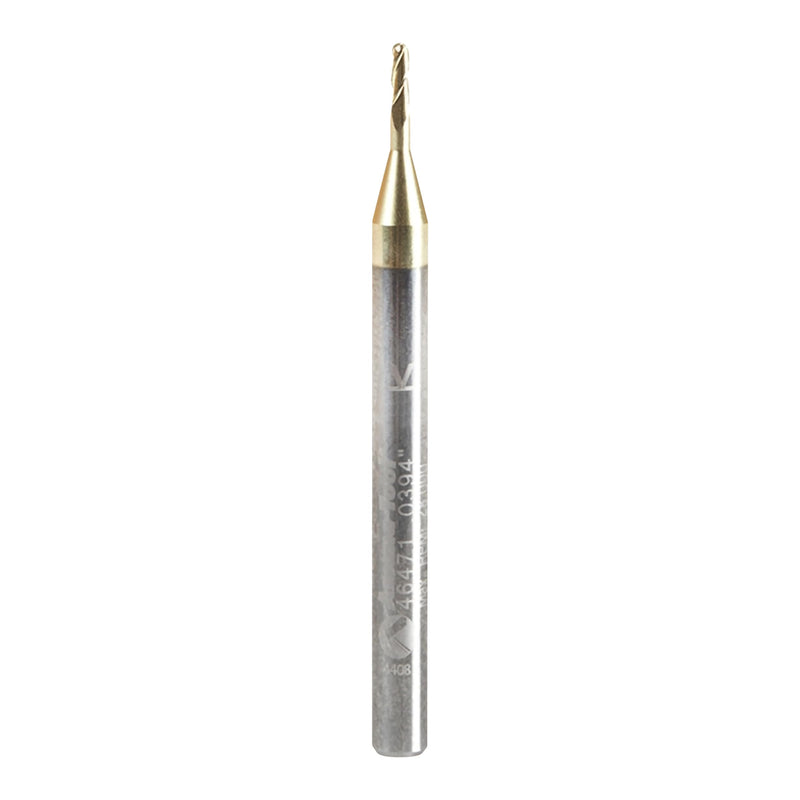 Amana Tool CNC 2D 3D Carving Angle Ball Tip Router Bit, ZrN Coated, 46471, 0.10 Deg, 1mm Dia x 0.50mm Rad x 3mm CH x 1/8 Shk x 1-1/2 Inch L x 3 Fl