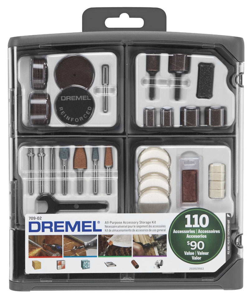 Dremel 709-02 110-Piece All-Purpose Rotary Tool Accessory Kit- Includes a Carving Bit, Sanding Drums, Grinding Stones, Cutting Discs, and a Storage Case, Gray 110-Pieces