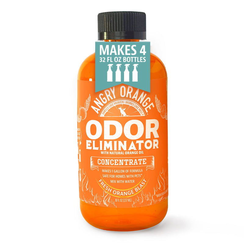 Angry Orange Pet Odor Eliminator for Home - 8oz Dog and Cat Pee Smell Remover for Carpet, Grass, Tile and Furniture - Citrus Concentrate, Makes 128oz of Liquid Fresh Orange Scent
