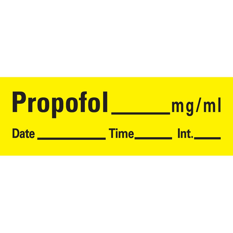 AN-27 "Propofol mg/mL" Removable Anesthesia Tape with Date, Time and Initial, 1" Core, 1/2" Width, 500" Length, Yellow