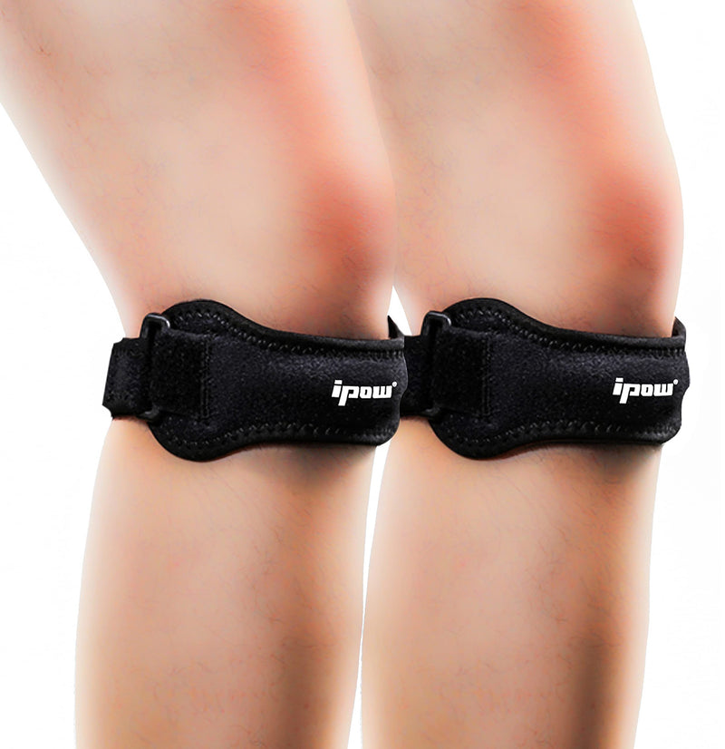 IPOW 2 Pack Knee Pain Relief & Patella Stabilizer Knee Strap Brace Support for Hiking, Soccer, Basketball, Running, Jumpers Knee, Tennis, Tendonitis, Volleyball & Squats, Black One Size