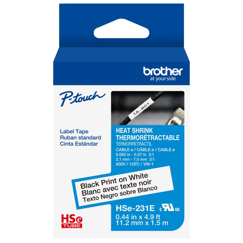 Brother HSe231E ~1/2in (11.2mm) Black on White Heat Shrink Tube, 3:1 Electrical Shrink Wrap Labeling Tape for AWG 8-18, 4.9 ft (1.5m) Cassette for P-Touch Industrial Heat Shrink Label Printers New Packaging