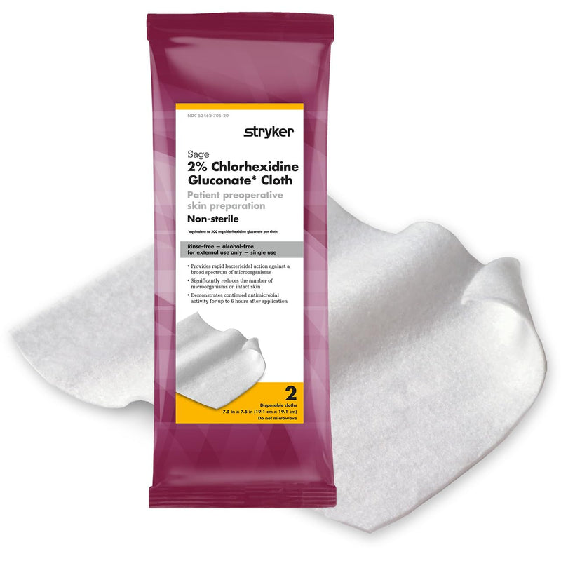 Sage 2% Chlorhexidine Gluconate 7.5 X 7.5" Non-Sterile Prep Pad, One Package of 2 Cloths