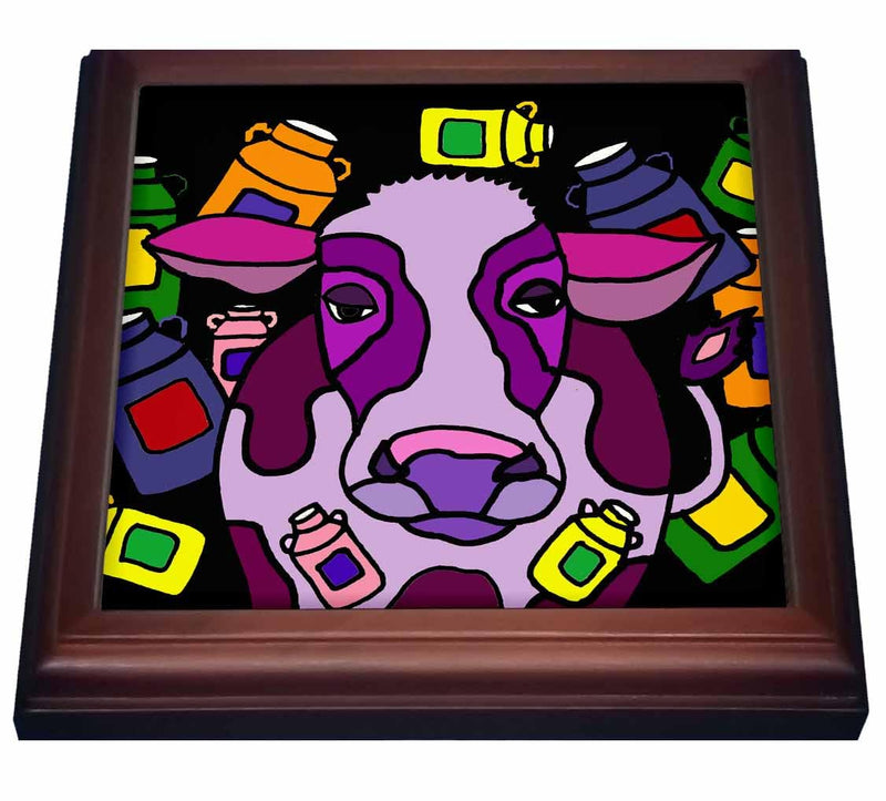 3dRose Funny Purple Cow & Milk Jugs Abstract Art Trivet with Ceramic Tile, 8 by 8", Brown